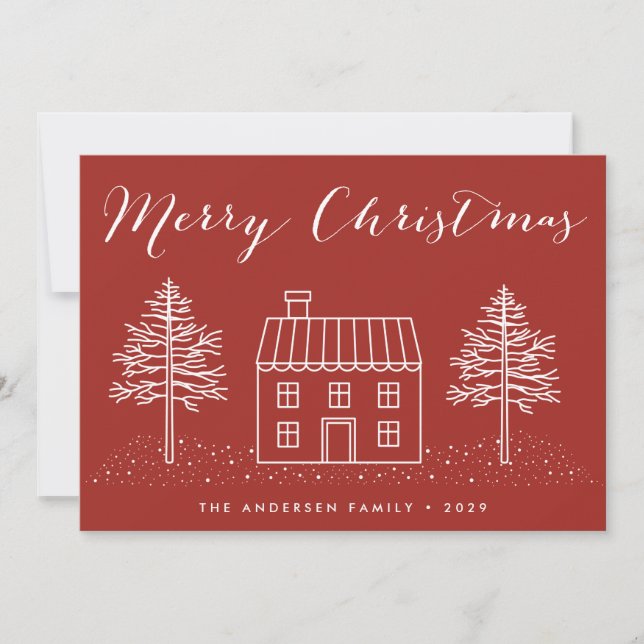 Tarjeta Festiva Rustic Merry Christmas House y Luces (Anverso)