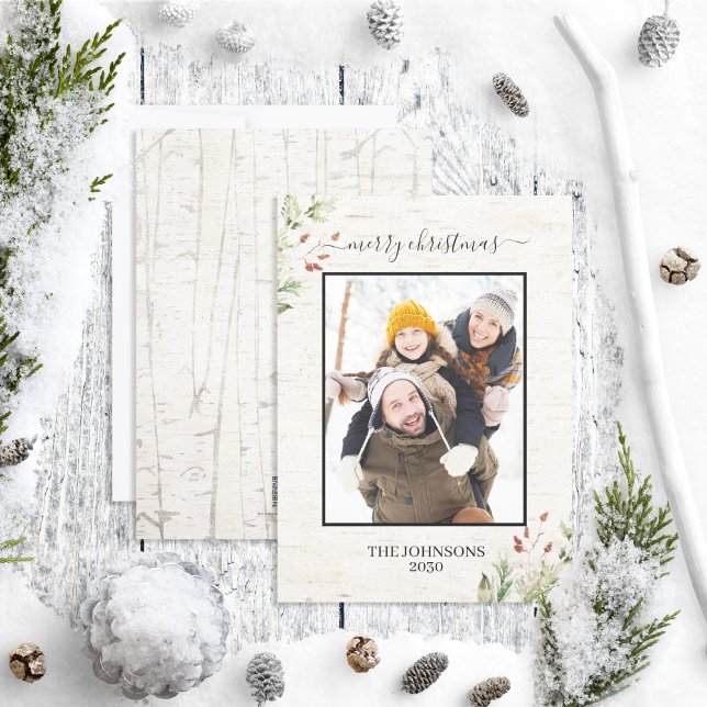 Tarjeta Festiva Rustic Merry Christmas Neutral Natural Birch Photo (Subido por el creador)