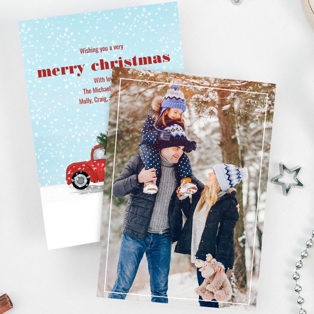 Tarjeta Festiva Rustic Merry Christmas Red Truck One Photo (Rustic red truck holiday photo card. Watercolor winter design. )