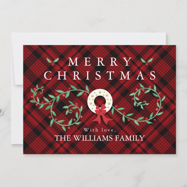 Tarjeta Festiva Rustic Merry Christmas Wreath Red Plaid Family (Anverso)
