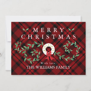 Tarjeta Festiva Rustic Merry Christmas Wreath Red Plaid Family