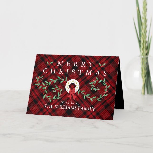 Tarjeta Festiva Rustic Merry Christmas Wreath Red Plaid Family (Anverso)