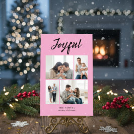 Tarjeta Festiva Rustic Merry Four Family Photo Collage Pink