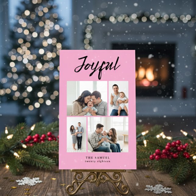 Tarjeta Festiva Rustic Merry Four Family Photo Collage Pink (Subido por el creador)