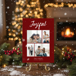 Tarjeta Festiva Rustic Merry Four Family Photo Collage Red