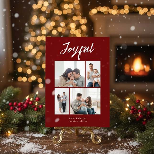 Tarjeta Festiva Rustic Merry Four Family Photo Collage Red (Subido por el creador)