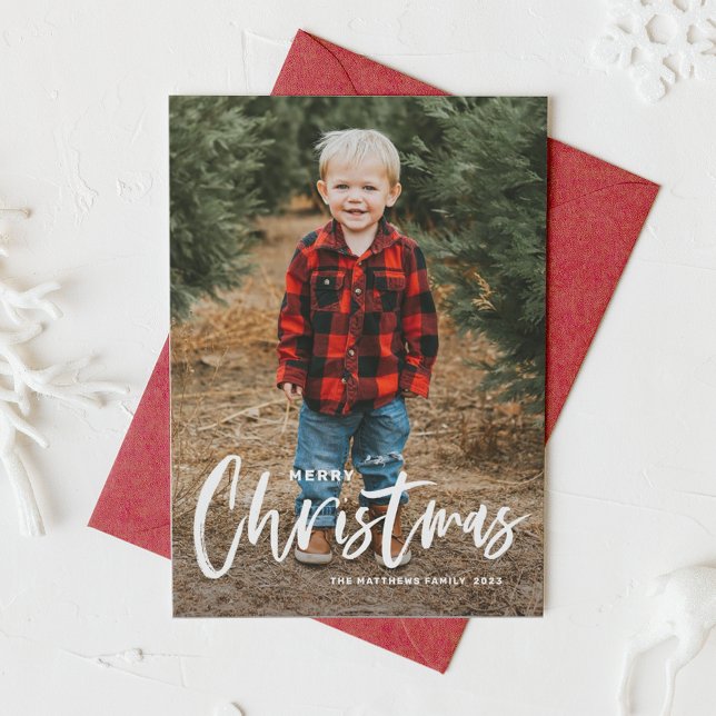 Tarjeta Festiva Rustic Modern Calligraphy Merry Christmas Photo (Subido por el creador)