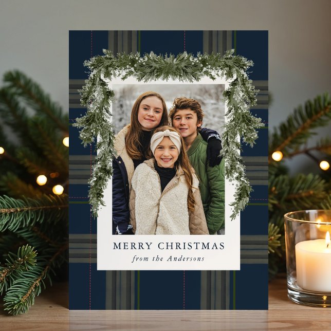 Tarjeta Festiva Rustic Navy Plaid Greenery Christmas 4 Photo (Subido por el creador)