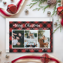 Tarjeta Festiva Rustic Red Buffalo Check Merry Christmas