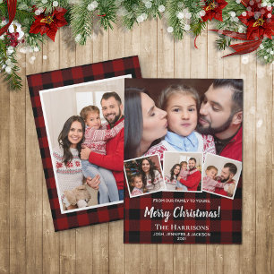 Tarjeta Festiva Rustic Red Buffalo Check Photo Collage Christmas