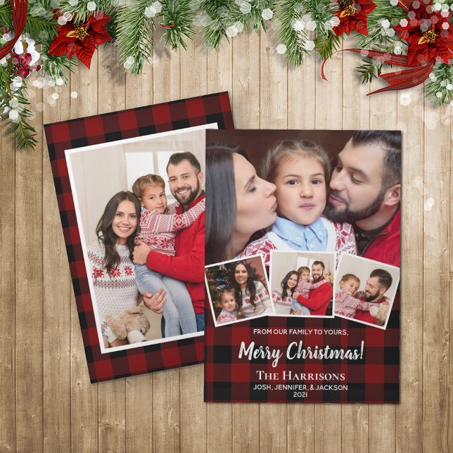 Tarjeta Festiva Rustic Red Buffalo Check Photo Collage Christmas (Subido por el creador)