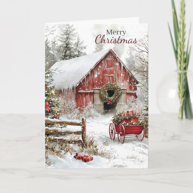 Tarjeta Festiva Rustic Red Christmas Barn and Wagon Holiday (Anverso)