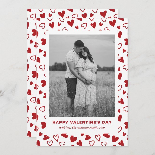 Tarjeta Festiva Rustic Red Hearts Pattern One Photo Valentines Day (Anverso / Reverso)