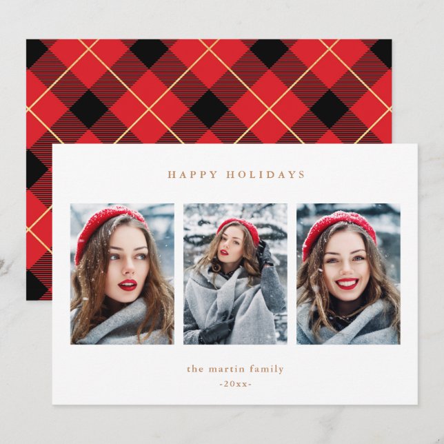 Tarjeta Festiva Rustic Red Plaid Faux Gold Tres Navidades de fotog (Anverso / Reverso)