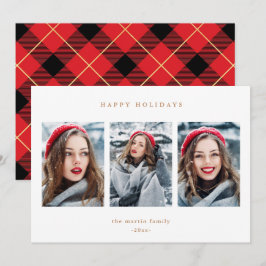 Tarjeta Festiva Rustic Red Plaid Faux Gold Tres Navidades de fotog