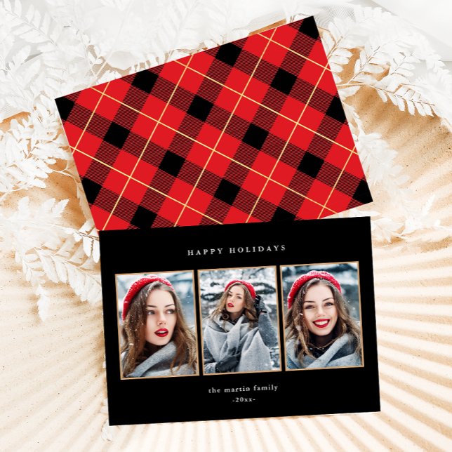 Tarjeta Festiva Rustic Red Plaid Faux Gold Tres Navidades de fotog (Subido por el creador)