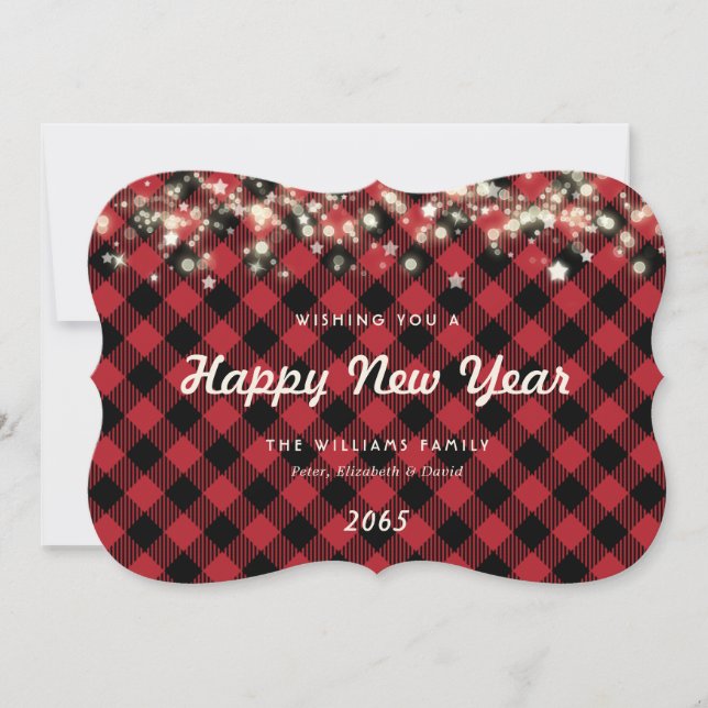 Tarjeta Festiva Rustic Red Plaid Lights Stars New Year Card (Anverso)
