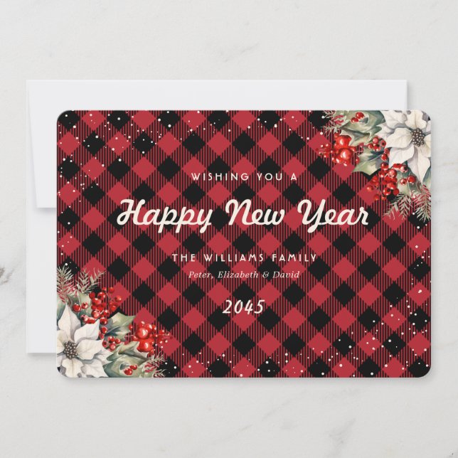 Tarjeta Festiva Rustic Red Plaid Snow Botanical New Year Card (Anverso)