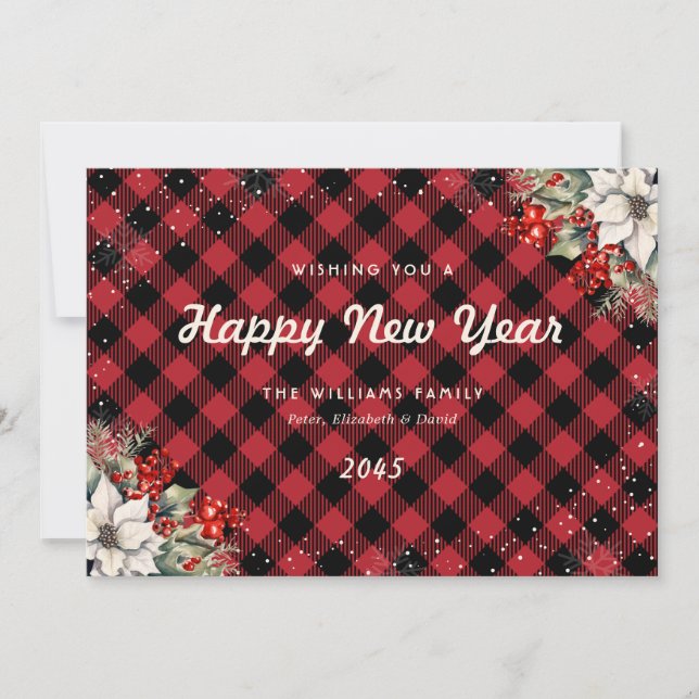 Tarjeta Festiva Rustic Red Plaid Snowflake Botanical New Year Card (Anverso)