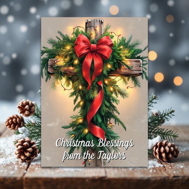 Tarjeta Festiva Rustic Religious Cross Christian Christmas (Rustic Cross Christmas Card with Garland and Bible Verse – Religious Holiday Blessings)