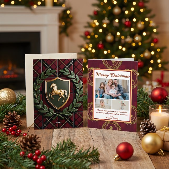 Tarjeta Festiva Rustic Royal Christmas Plaid 3 Photo Holiday Card (Subido por el creador)