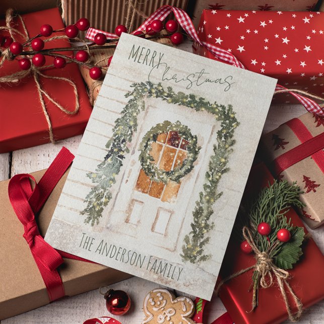 Tarjeta Festiva Rustic Snowy Merry Christmas Wreath Front Doe Hol (Subido por el creador)