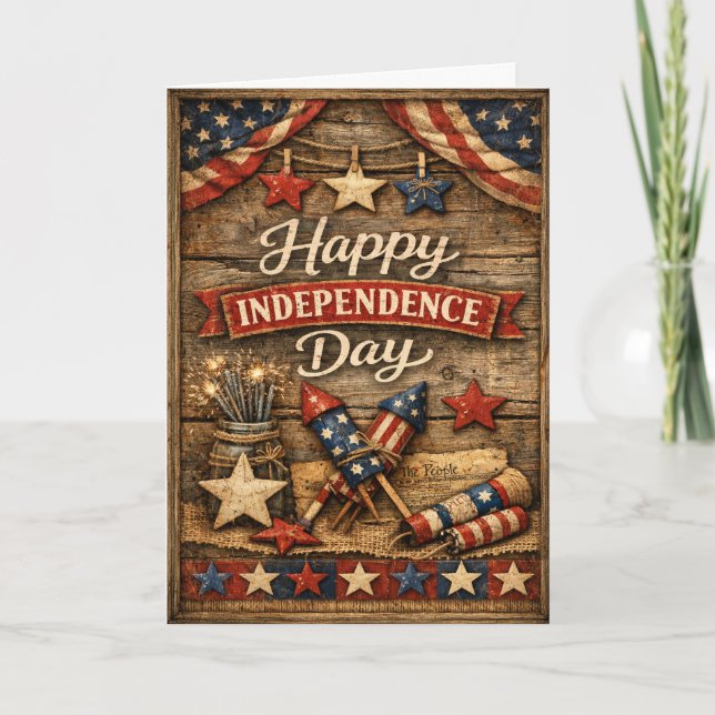 Tarjeta Festiva Rustic Stars Stripes Independence Day (Anverso)