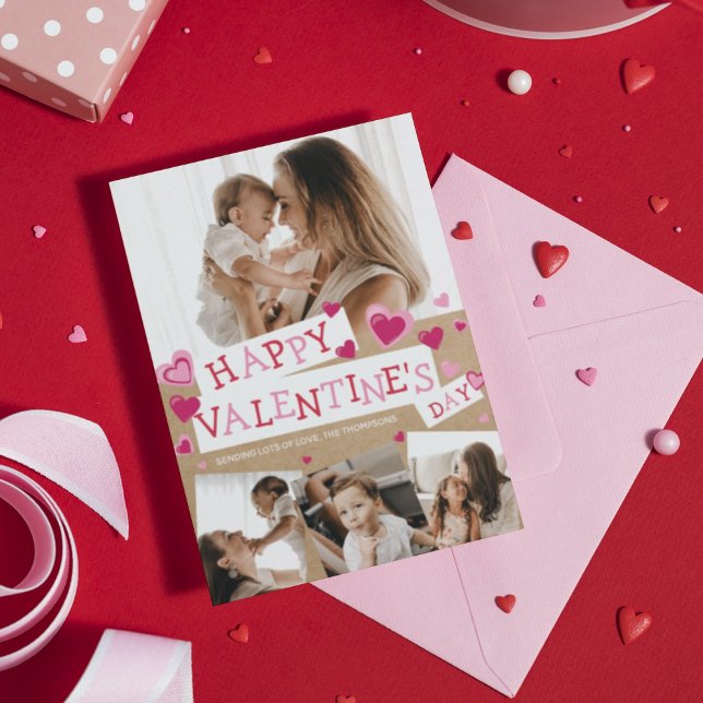 Tarjeta Festiva Rustic Valentines Photo Collage Hearts Craft Paper (Subido por el creador)