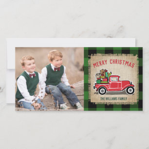 Tarjeta Festiva Rustic Vintage Red Truck Green Buffalo Plaid Photo