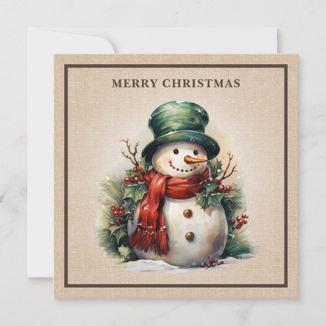 Tarjeta Festiva Rustic Vintage Snowman Holly Berries Burlap (Anverso)