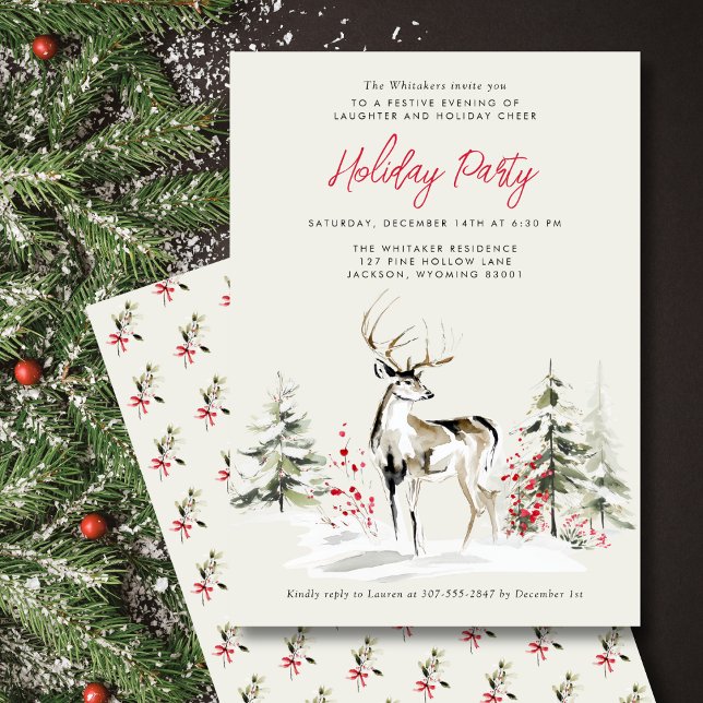 Tarjeta Festiva Rustic Watercolor Deer Holiday Party Modern (Subido por el creador)