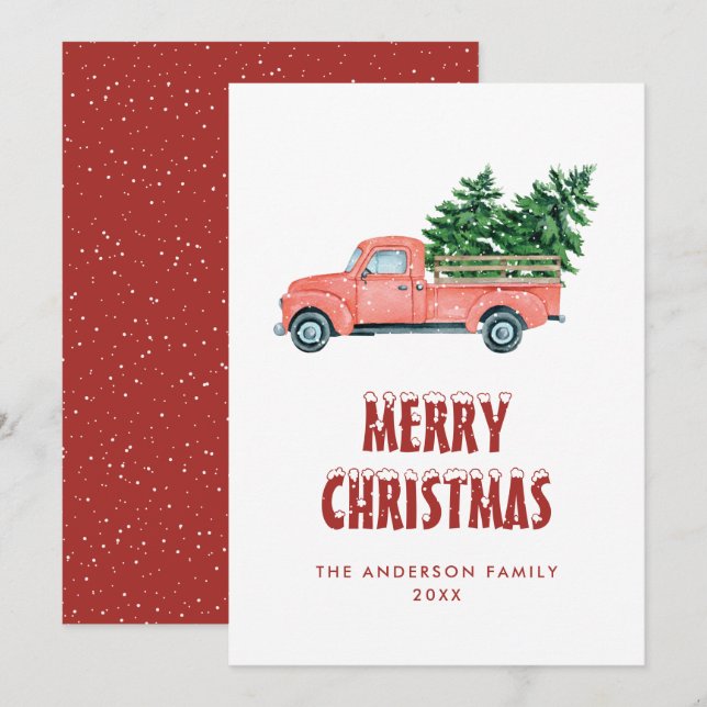 Tarjeta Festiva Rustic Watercolor Red Truck Merry Christmas Card (Anverso / Reverso)