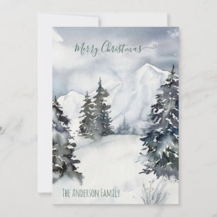 Tarjeta Festiva Rustic Watercolor Snowy Mountain Navidades