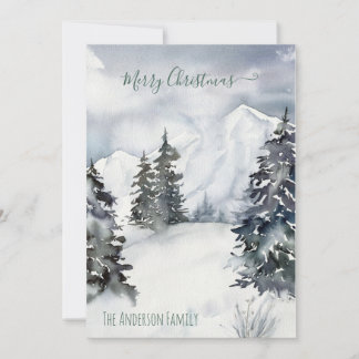 Tarjeta Festiva Rustic Watercolor Snowy Mountain Navidades
