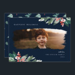 Tarjeta Festiva Rustic Winter Berry Greenery Photo Holiday Card<br><div class="desc">Bayas de invierno de acuarela rústica y vegetación,  tarjeta de vacaciones fotográficas. Características,  marco moderno de máscara fotográfica de pincel,  fondo de color azul marino y respaldo de patrón coincidente.</div>