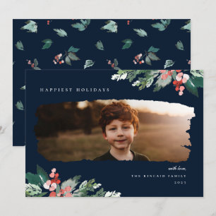 Tarjeta Festiva Rustic Winter Berry Greenery Photo Holiday Card
