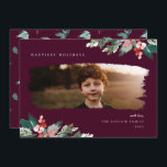 Tarjeta Festiva Rustic Winter Berry Greenery Photo Holiday Card<br><div class="desc">Bayas de invierno de acuarela rústica y vegetación,  tarjeta de vacaciones fotográficas. Características,  marco moderno de máscara fotográfica de pincel,  fondo de color púrpura y soporte de patrón coincidente.</div>