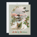 Tarjeta Festiva Rustic Winter Village con Holly<br><div class="desc">Encantadora y nostálgica viñeta vintage de invierno con escenas rústicas de invierno,  en la que un hombre lleva su pino de Navidad con un pueblo cubierto de nieve en el fondo enmarcado por el hueso y los pájaros. En la parte posterior se muestran campos de texto completos y editables.</div>