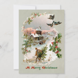 Tarjeta Festiva Rustic Winter Village con Holly