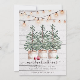 Tarjeta Festiva Rustic Wood Christmas Trees String Lights