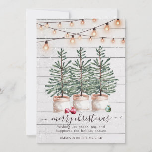 Tarjeta Festiva Rustic Wood Christmas Trees String Lights