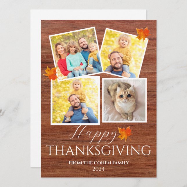 Tarjeta Festiva Rustic Wood Fall Leaves thanksgiving family photo (Anverso / Reverso)