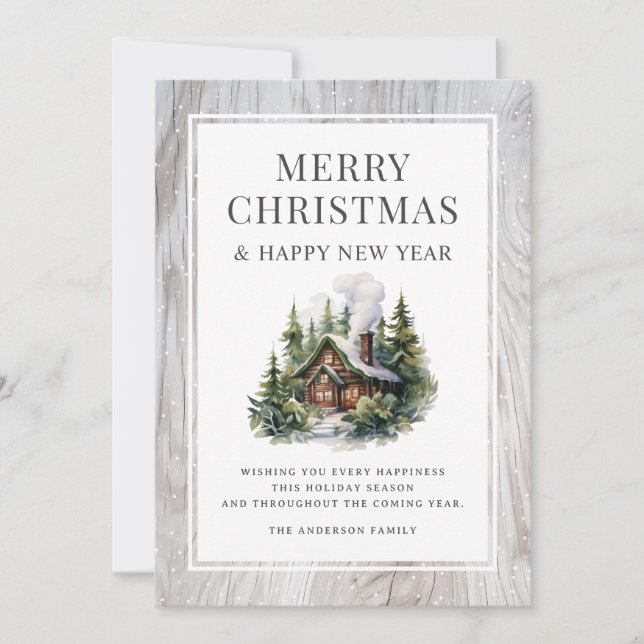 Tarjeta Festiva Rustic Wood Log Cabin Snow Christmas New Year Card (Anverso)