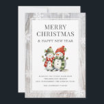 Tarjeta Festiva Rustic Wood Merry Christmas Snowman<br><div class="desc">Tarjeta de vacaciones rústica acuática con dos hombres de nieve dentro de un marco rústico de madera adornado con copos de nieve. Personalice fácilmente esta tarjeta de vacaciones de snowman con su nombre y texto familiar.</div>