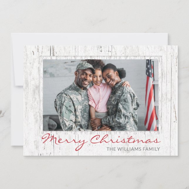 Tarjeta Festiva Rustic Wood Modern Script Military Family Photo (Anverso)
