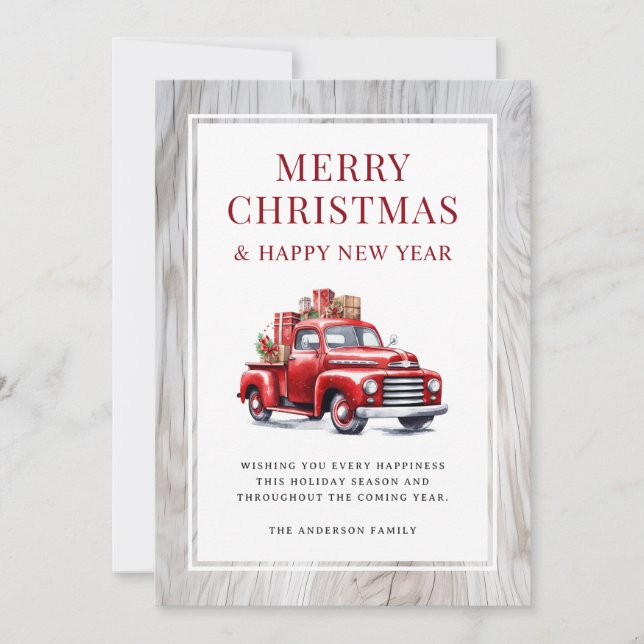 Tarjeta Festiva Rustic Wood Retro Camión Rojo Merry Christmas Card (Anverso)