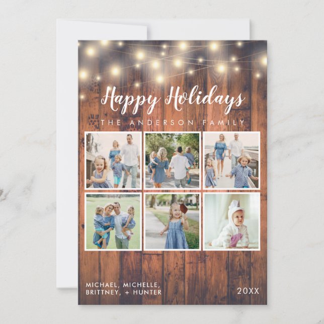 Tarjeta Festiva Rustic Wood String Lights 6 Collages de fotos de v (Anverso)