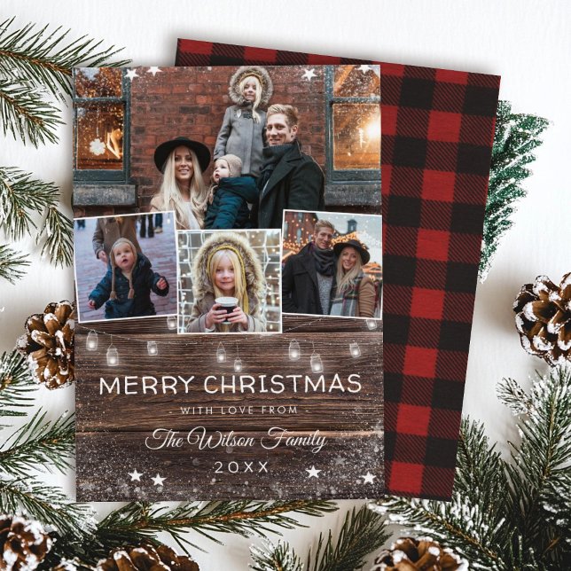 Tarjeta Festiva Rustic Wood String Luces Mason Jars Plaid (Subido por el creador)