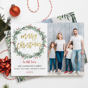 Tarjeta Festiva Rustic Wreath Gold Merry Christmas 2 Photo