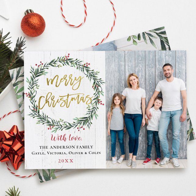 Tarjeta Festiva Rustic Wreath Gold Merry Christmas 2 Photo (Subido por el creador)